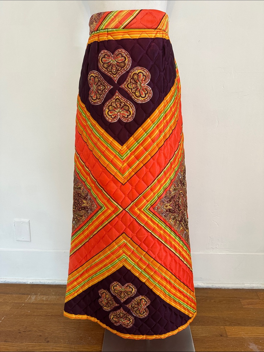Vintage 60s Quilted Groovy Maxi Hostess Skirt 27 Waist